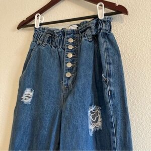 Forever 21 Paper Bag Elastic Waist Medium Wash Button Fly High Rise Mom Jeans